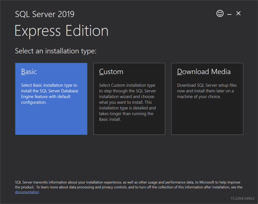 Screenshot of SQL Express 2019 Installer Select Installation Type step