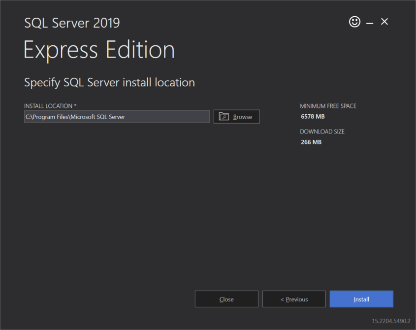 Screenshot of SQL Express 2019 Installer Specify Install Location step