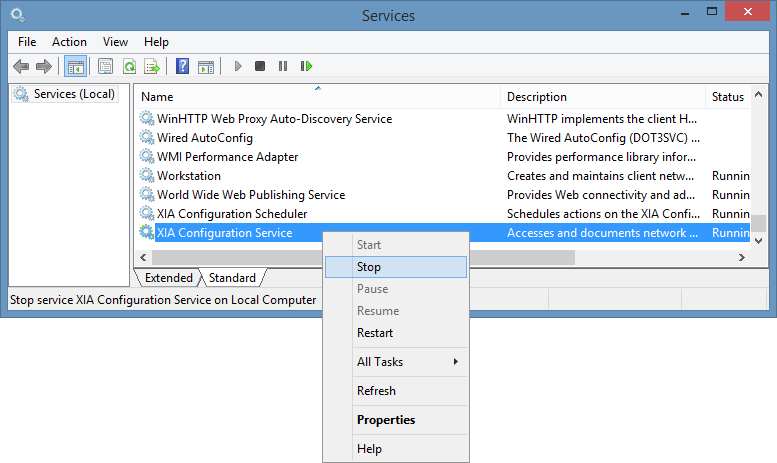 Stop XIA Configuration Service