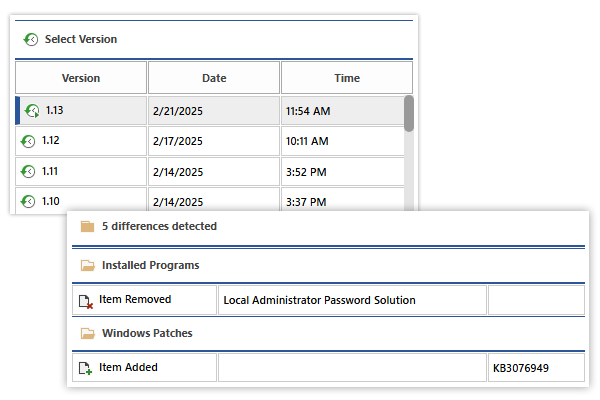 A screenshot of two versions of a Windows server being compared in XIA Configuration Server