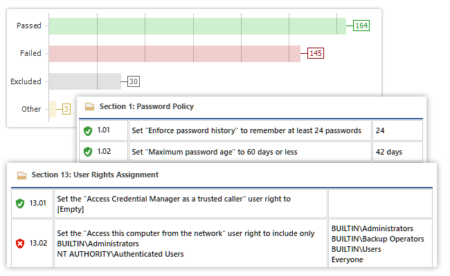 A screenshot of the Windows server security benchmark in XIA Configuration