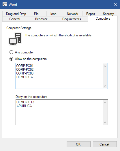 Screenshot of shortcut computer settings in the XIA Links interface