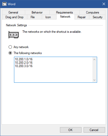 Screenshot of shortcut network settings in the XIA Links interface