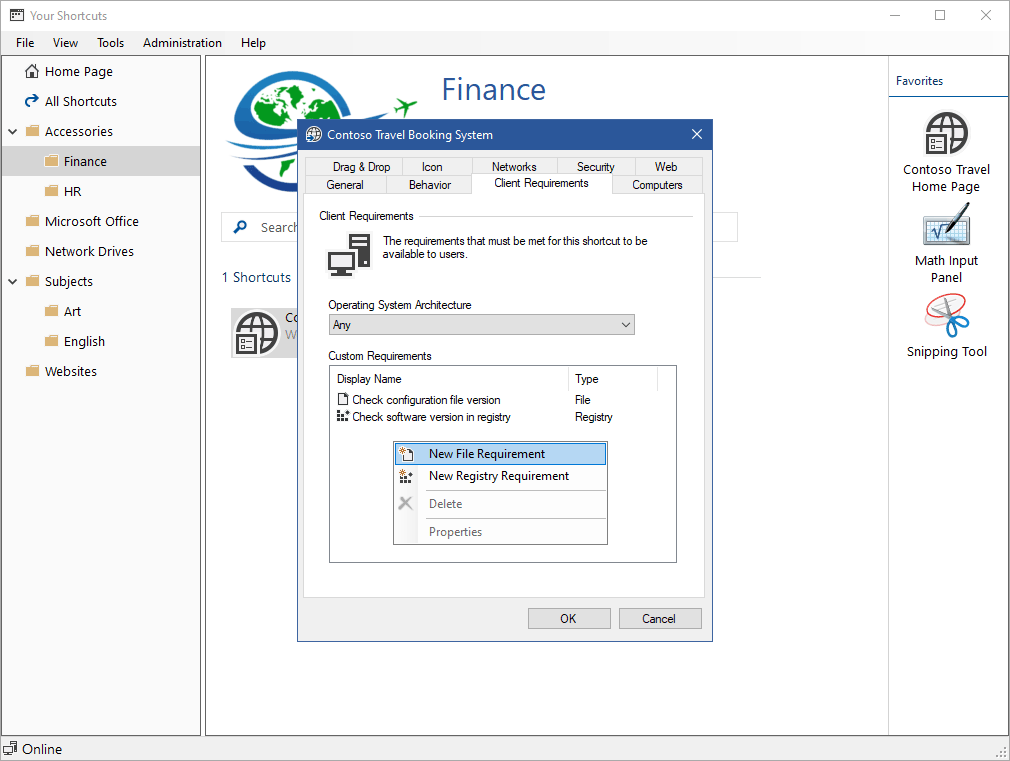 Screenshot of shortcut requirements in the XIA Links interface