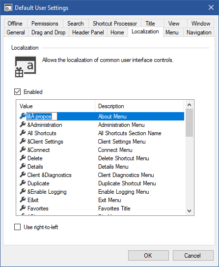 Screenshot showing localization settings in the XIA Links interface