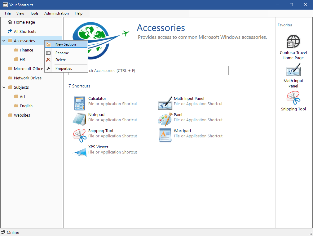 Screenshot showing shortcuts organized in sections in the XIA Links interface