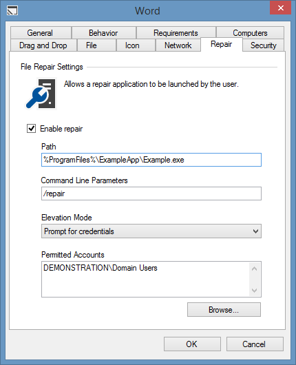 Screenshot showing shortcut repair settings in the XIA Links interface