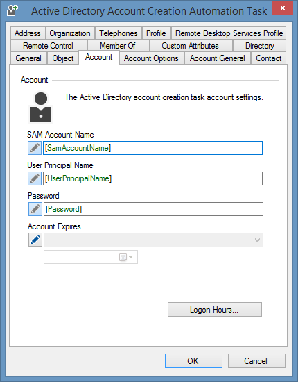 Screenshot of an Active Directory user account creation task in XIA Automation