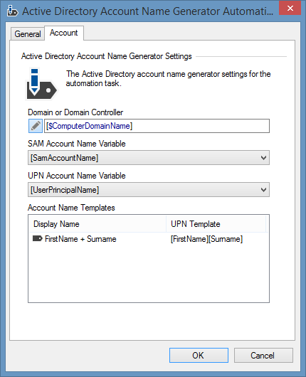 Screenshot of an Active Directory account name generator task in XIA Automation