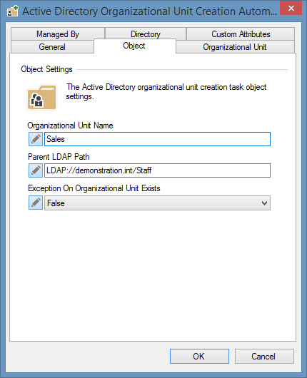 Screenshot of an Active Directory organizational unit creation task in XIA Automation
