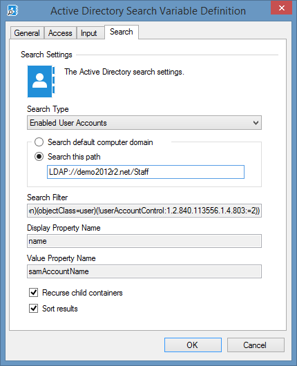 Screenshot of Active Directory search variable settings in XIA Automation