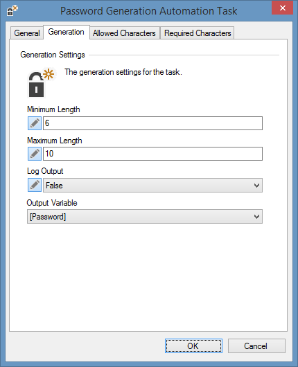 Screenshot of a password generation task in XIA Automation