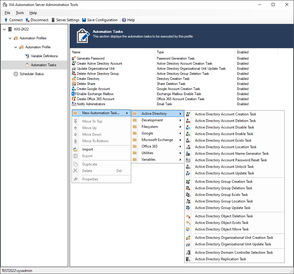 Screenshot showing automation tasks in XIA Automation