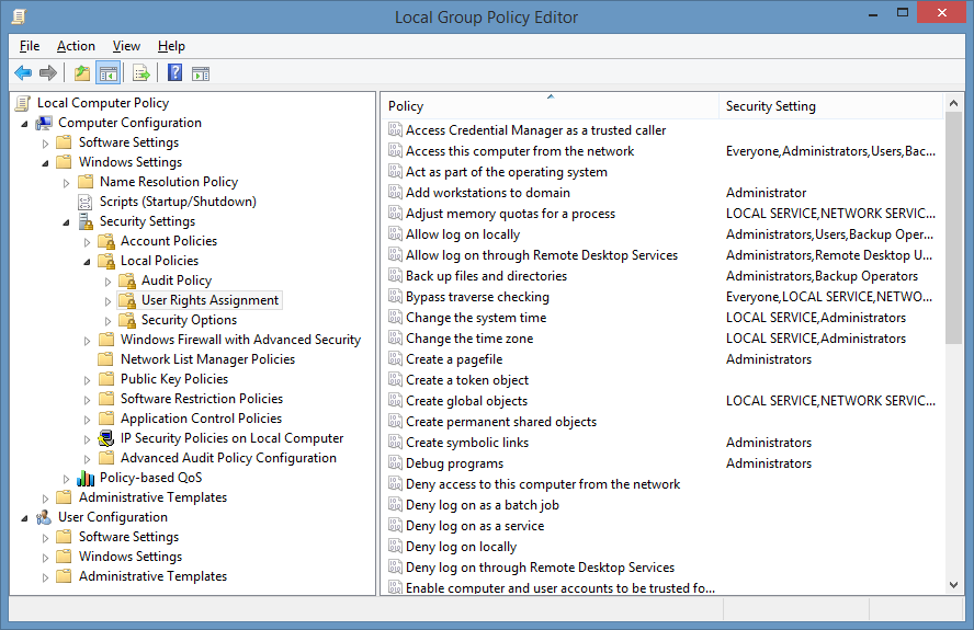 Group Policy editor showing User Rights Assignment