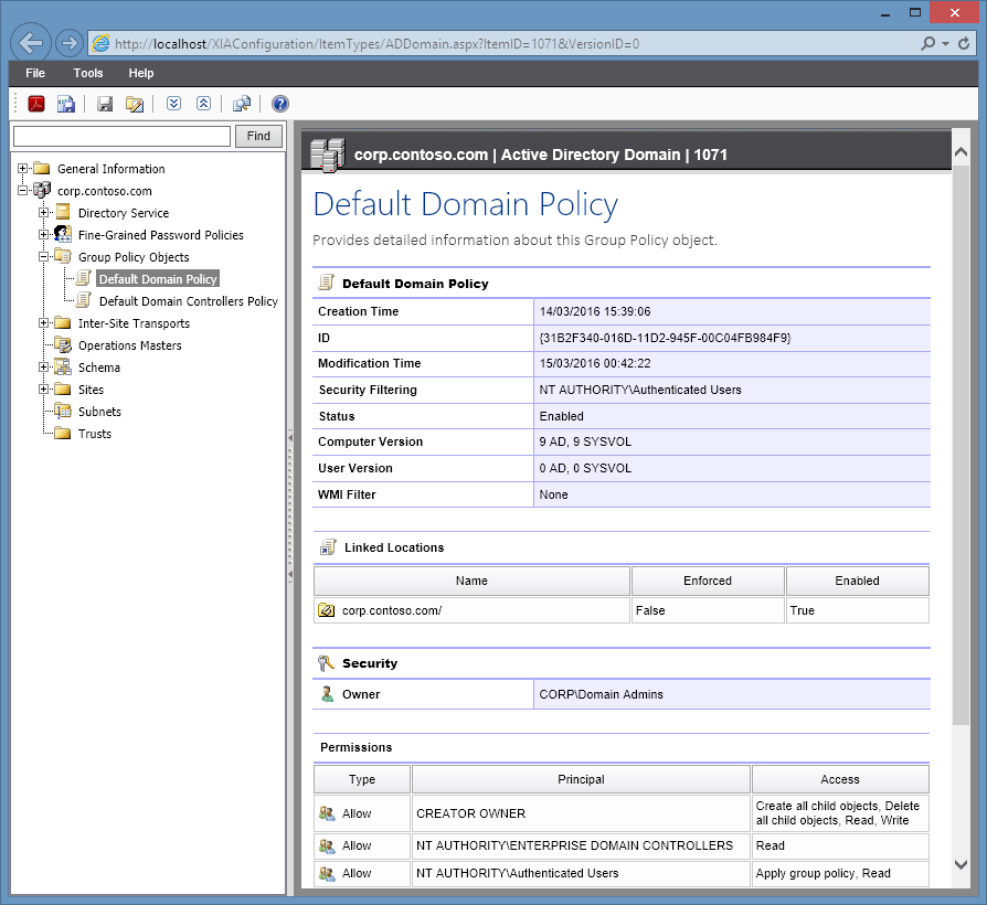 A screenshot of Group Policy object information