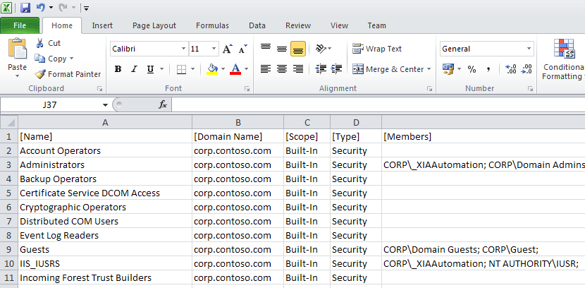 Screenshot showing the Active Directory domain groups summary report exported as a CSV and viewed in Excel