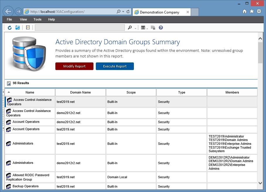 Screenshot showing the Active Directory domain group summary report output in the XIA Configuration web interface