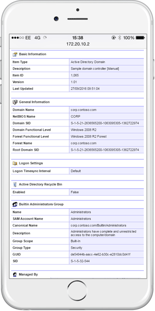A screenshot showing Active Directory domain and group policy object configuration on a mobile device