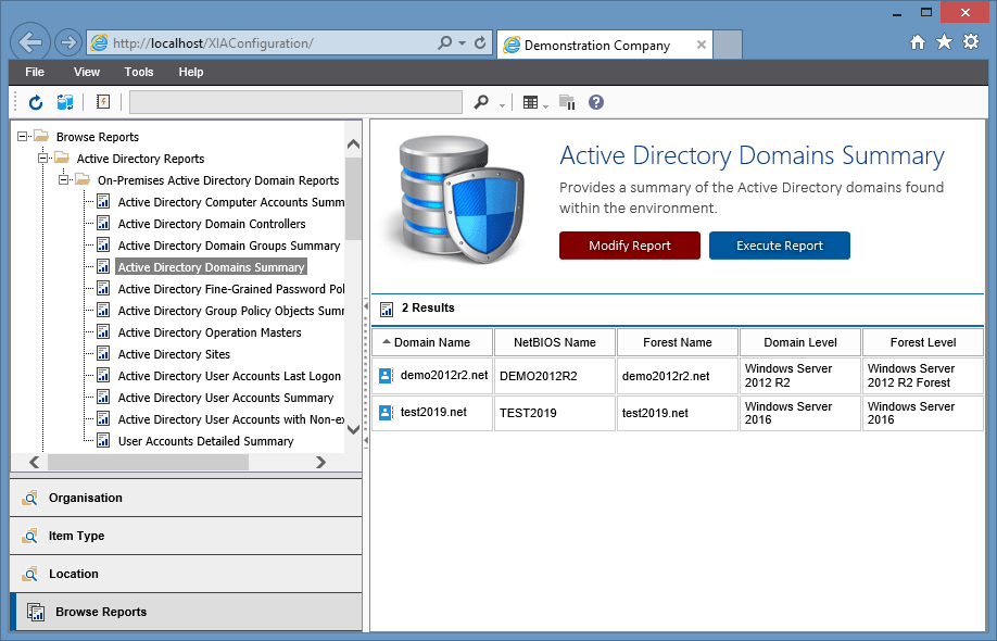 A screenshot showing Active Directory reports in the XIA Configuration web interface