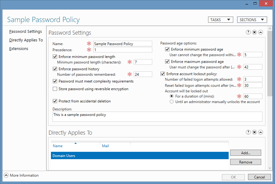 A screenshot of a sample password policy in Windows