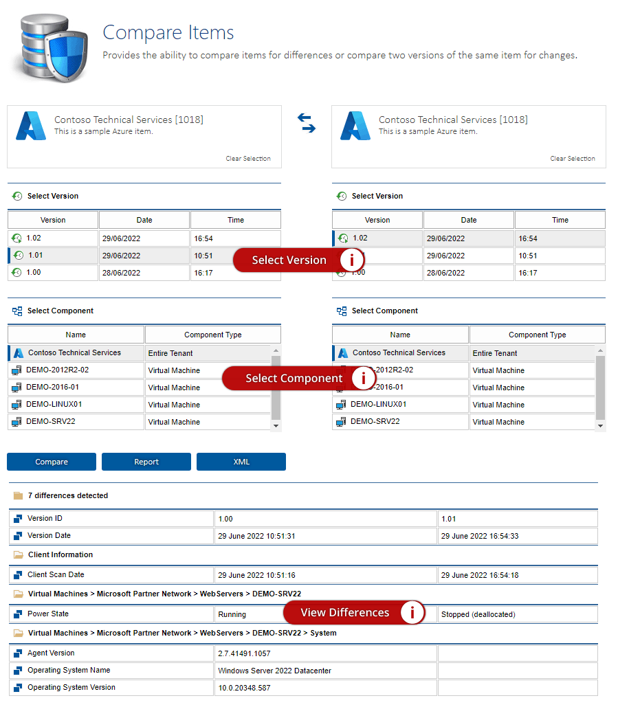 Screenshot showing the comparison of the latest version of an Azure tenant with the previous version