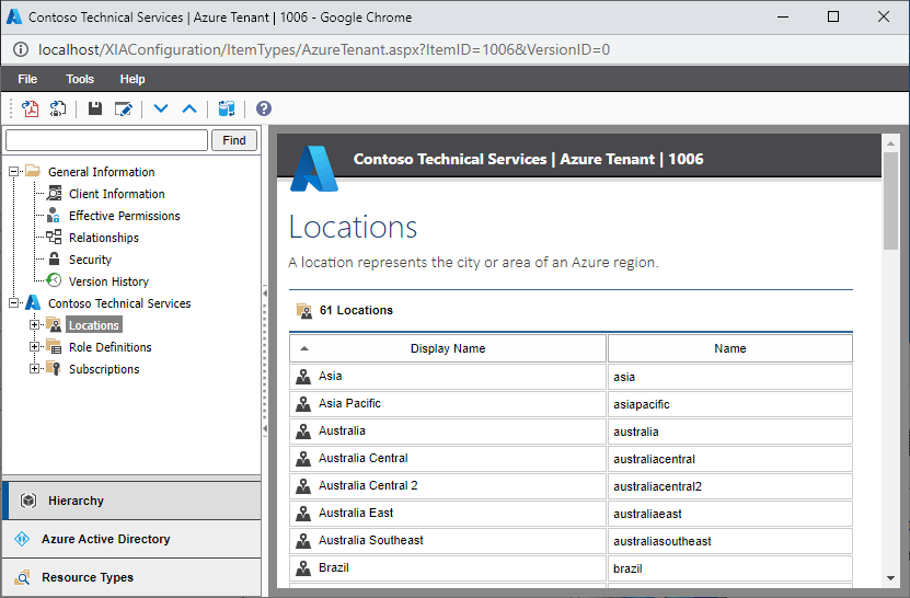 Screenshot of Azure locations in the XIA Configuration web interface