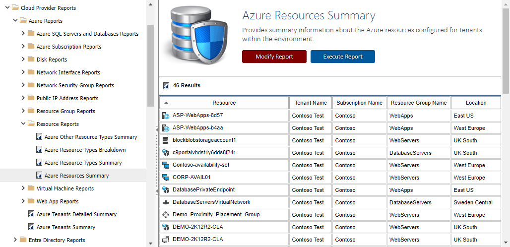 Screenshot of the Azure resources summary report output in the XIA Configuration web interface