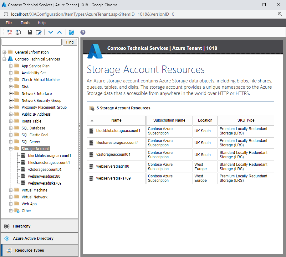 Screenshot of Azure storage accounts in the XIA Configuration web interface