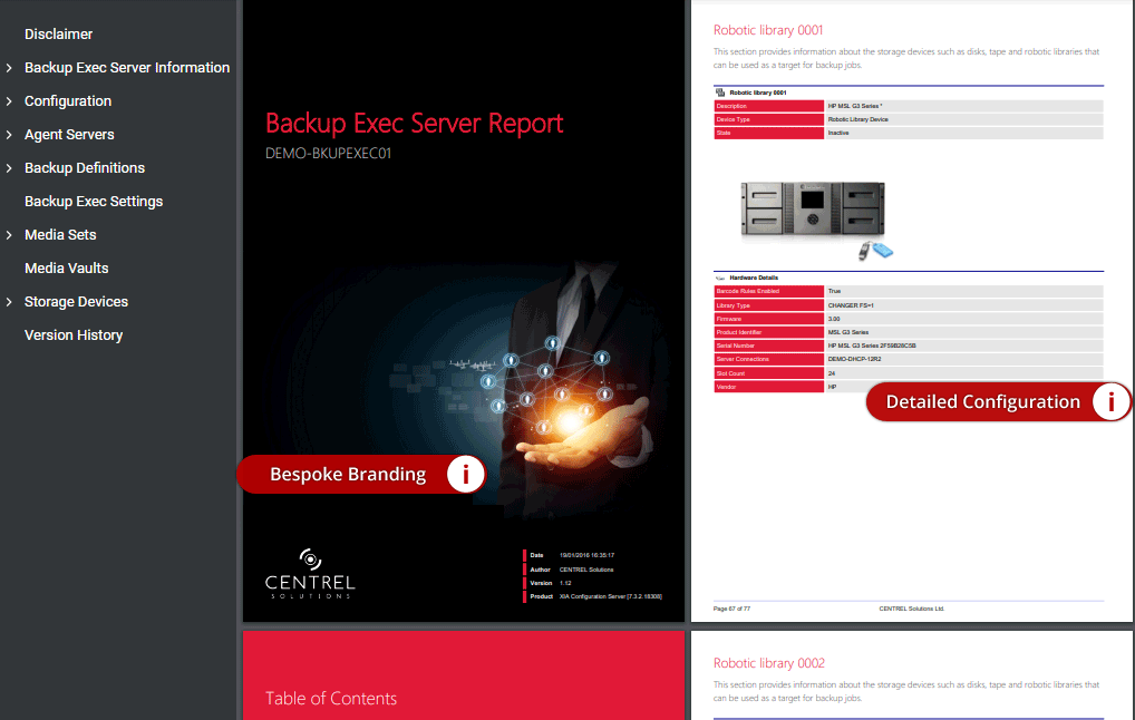 Backup Exec server documentation sample generated by XIA Configuration (click to open)