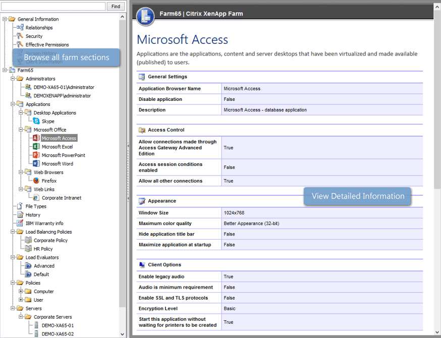 Screenshot showing published application details in the XIA Configuration web interface
