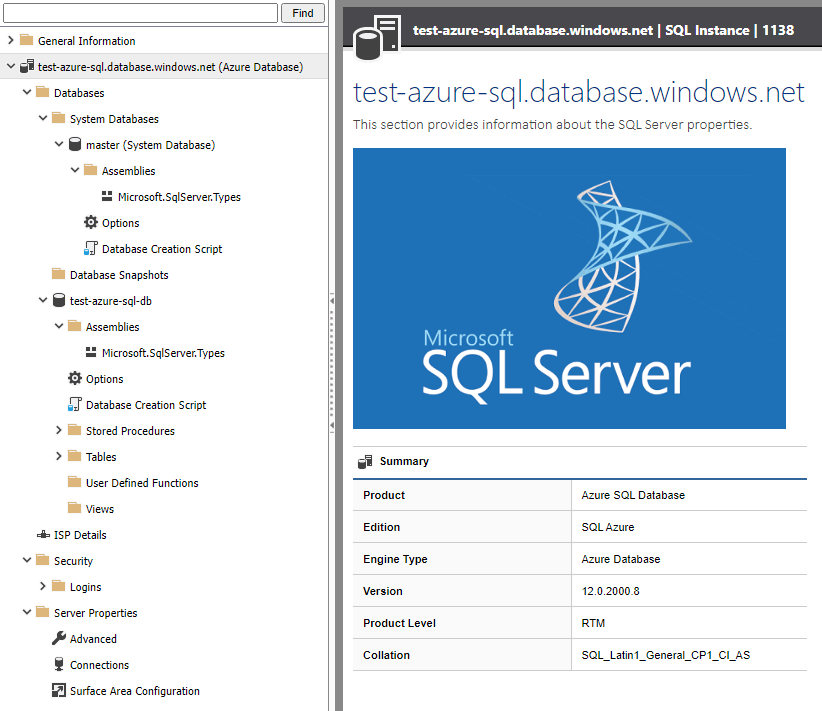 Screenshot of the summary of an Azure SQL server in the XIA Configuration web interface