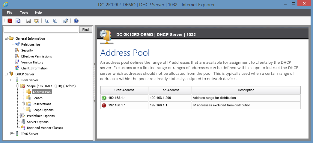 Screenshot showing address pool settings in the XIA Configuration web interface