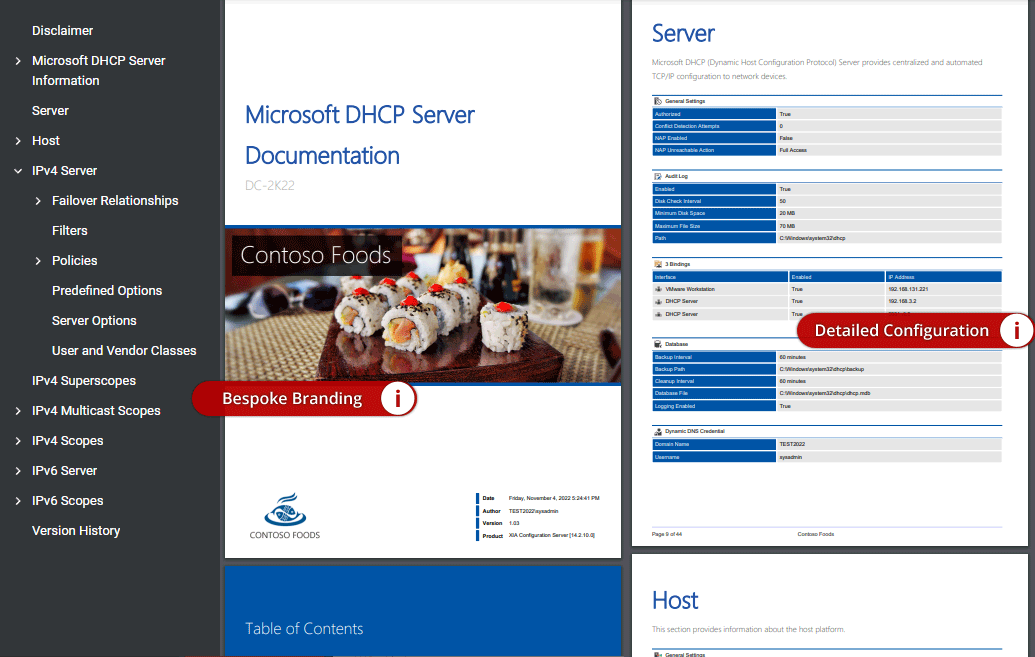 DHCP server documentation sample generated by XIA Configuration (click to open)