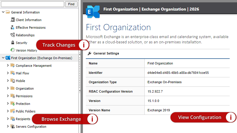 Screenshot of the Exchange Organization summary in the XIA Configuration web interface