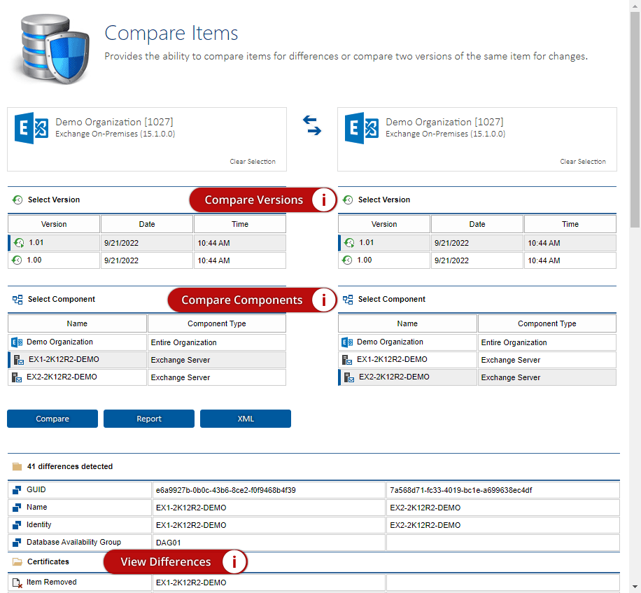 Screenshot showing the comparison of two Exchange Servers in the same Exchange Organization