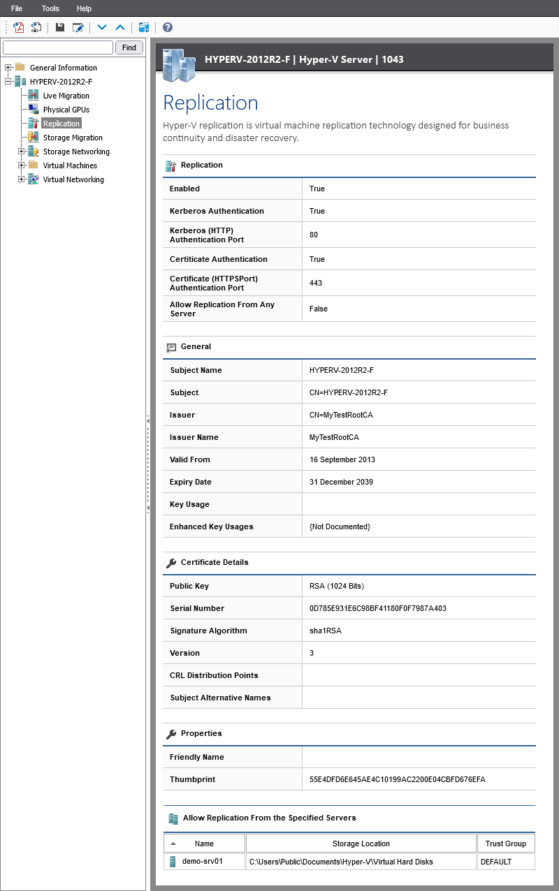 Screenshot showing Hyper-V replication settings in the XIA Configuration web interface