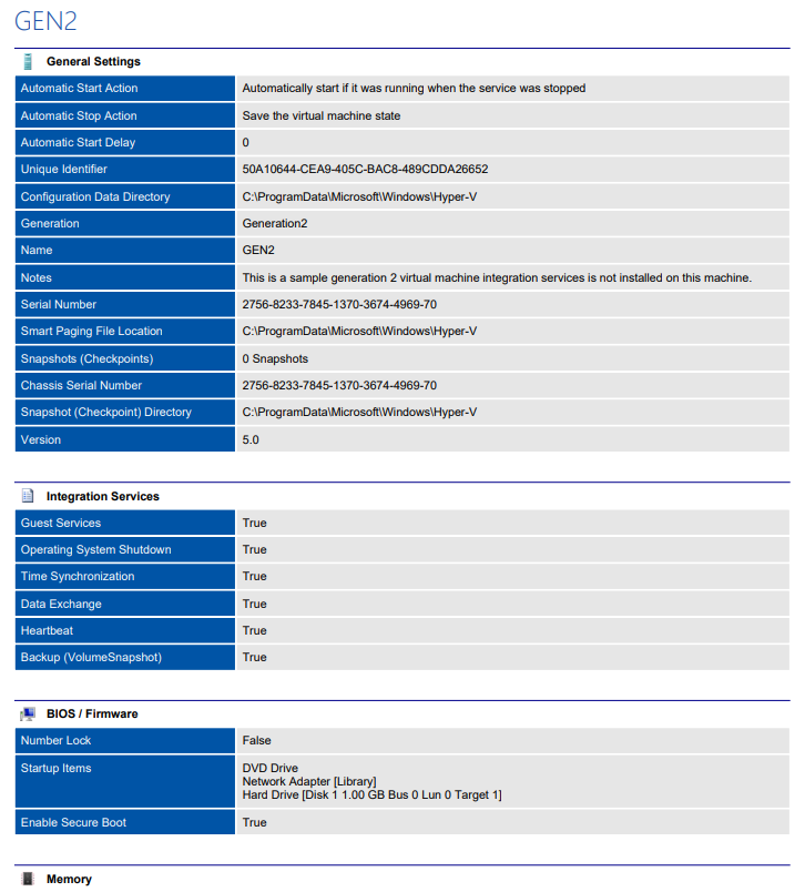 Screenshot showing Hyper-V virtual machine settings in a document generated by XIA Configuration