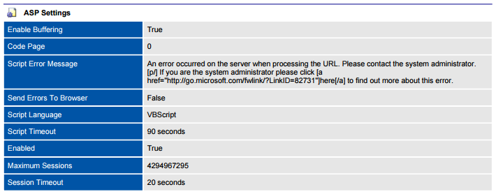 Screenshot showing classic ASP settings in a document generated by XIA Configuration