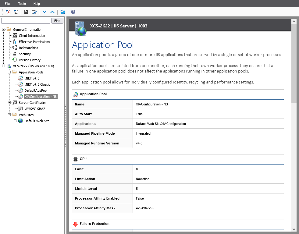 Screenshot showing IIS application pool configuration in the XIA Configuration web interface