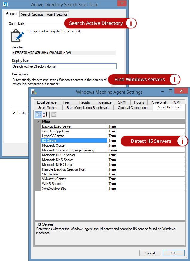 Screenshot of Active Directory search and detection settings in the XIA Configuration Client