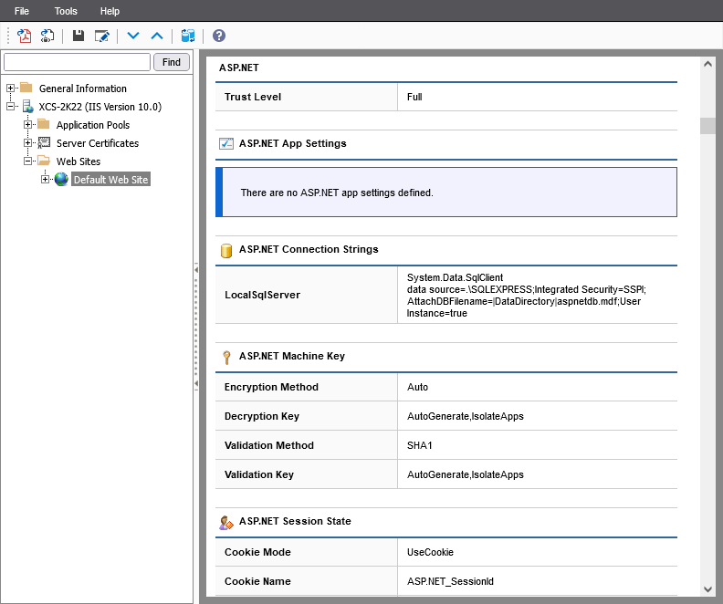Screenshot showing ASP.NET settings in the XIA Configuration web interface