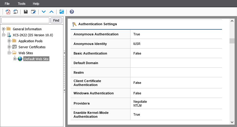 Screenshot showing IIS authentication settings in the XIA Configuration web interface