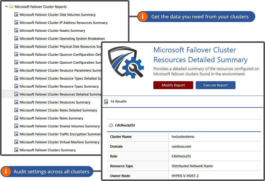 Screenshot of the Microsoft failover cluster resources detailed summary report in XIA Configuration