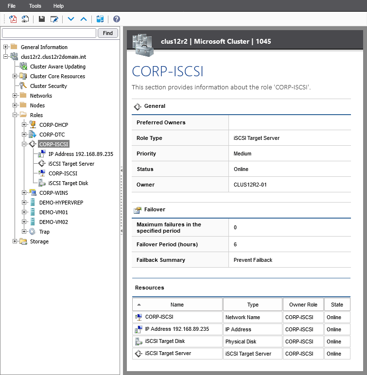 Screenshot of Microsoft failover cluster role (resource group) settings in the XIA Configuration web interface