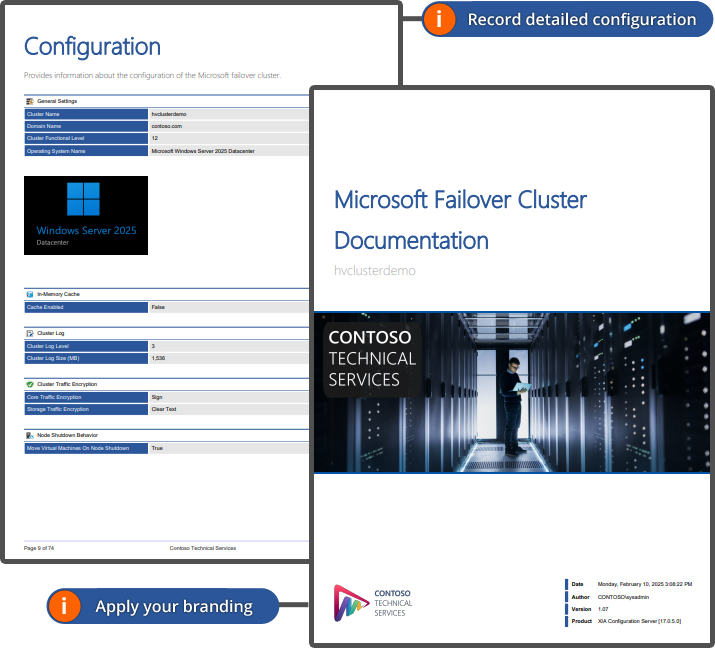 Screenshot of a Microsoft failover cluster document with custom branding generated by XIA Configuration