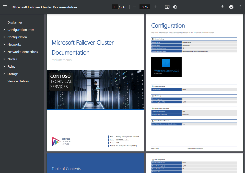 Microsoft Failover Cluster documentation sample generated by XIA Configuration (click to open)