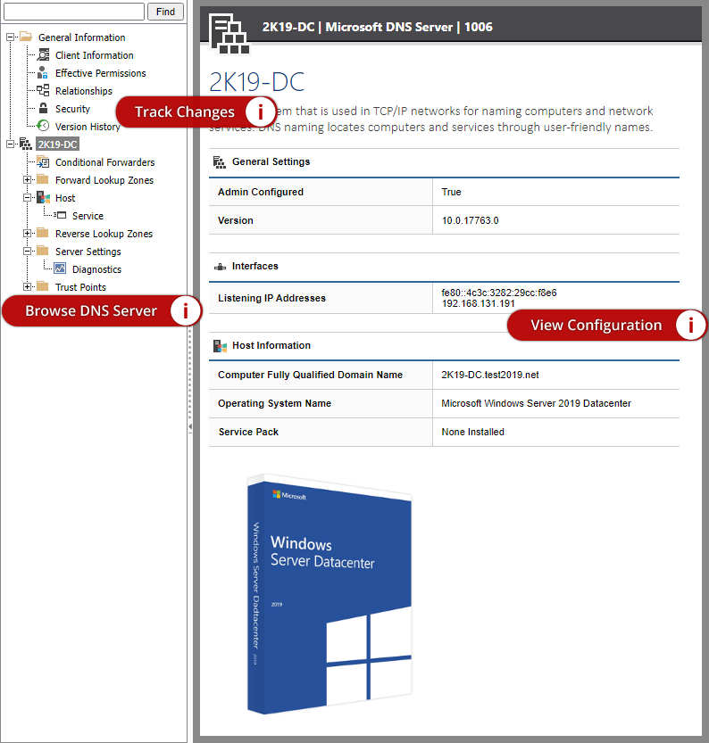 Screenshot showing the summary of a DNS server in the XIA Configuration web interface