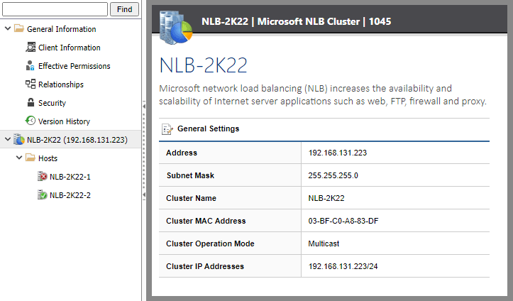 Screenshot of Microsoft NLB cluster settings in the XIA Configuration web interface