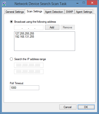 Screenshot of the Network Device Search Scan Task within the XIA Configuration Client