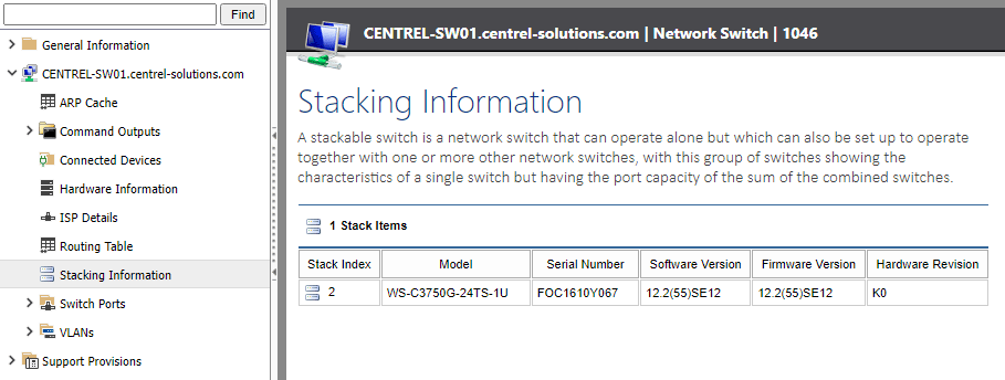 Screenshot of stacking information in the XIA Configuration web interface